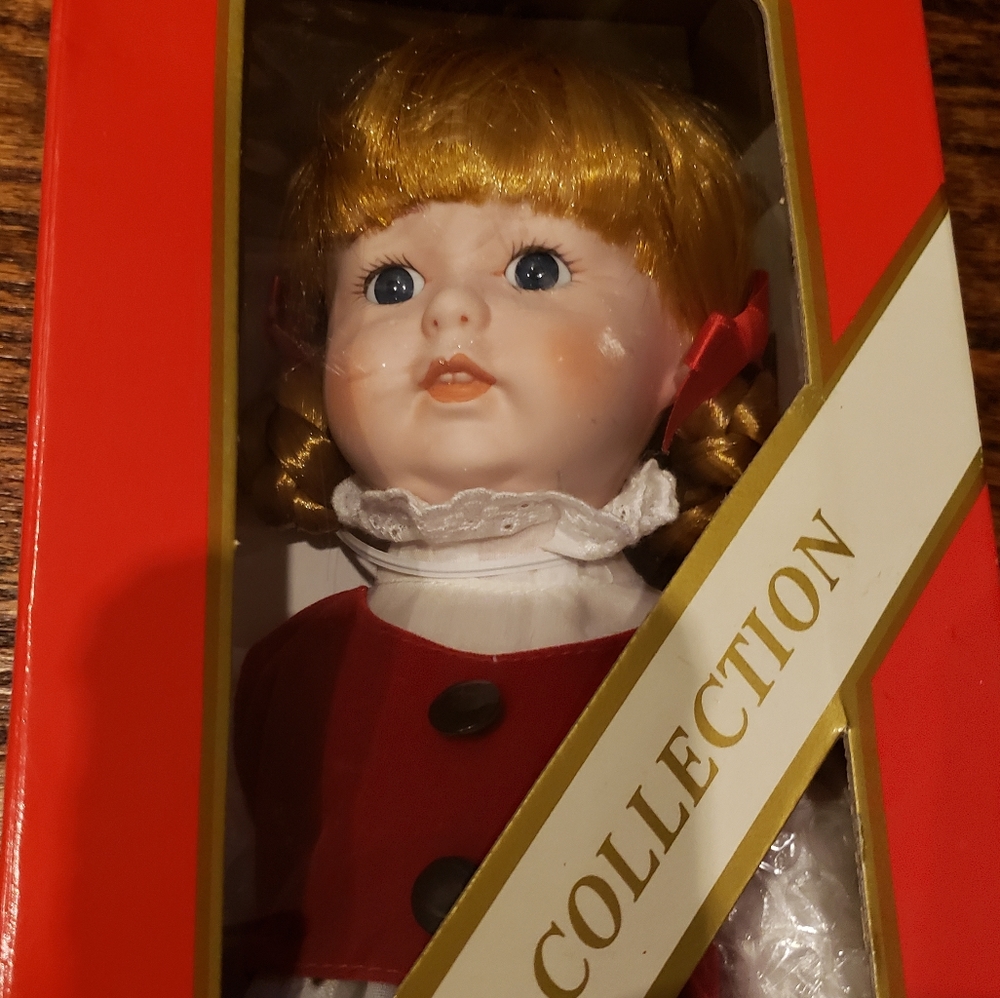 NWT Vintage Porcelain Christmas Doll Girl with Stand